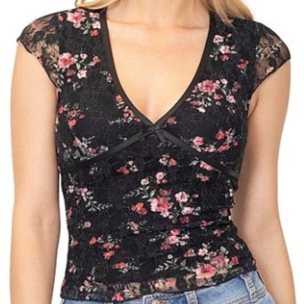 Stevie by Steve Madden Floral Print Stretch Lace Plunge Neck SZ M‎ - NWT